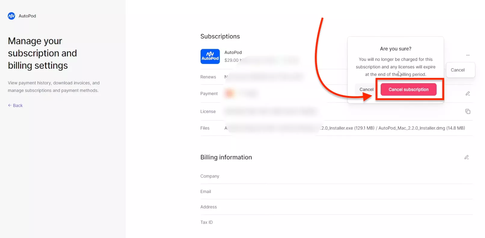 Autopod Cancel Subscription